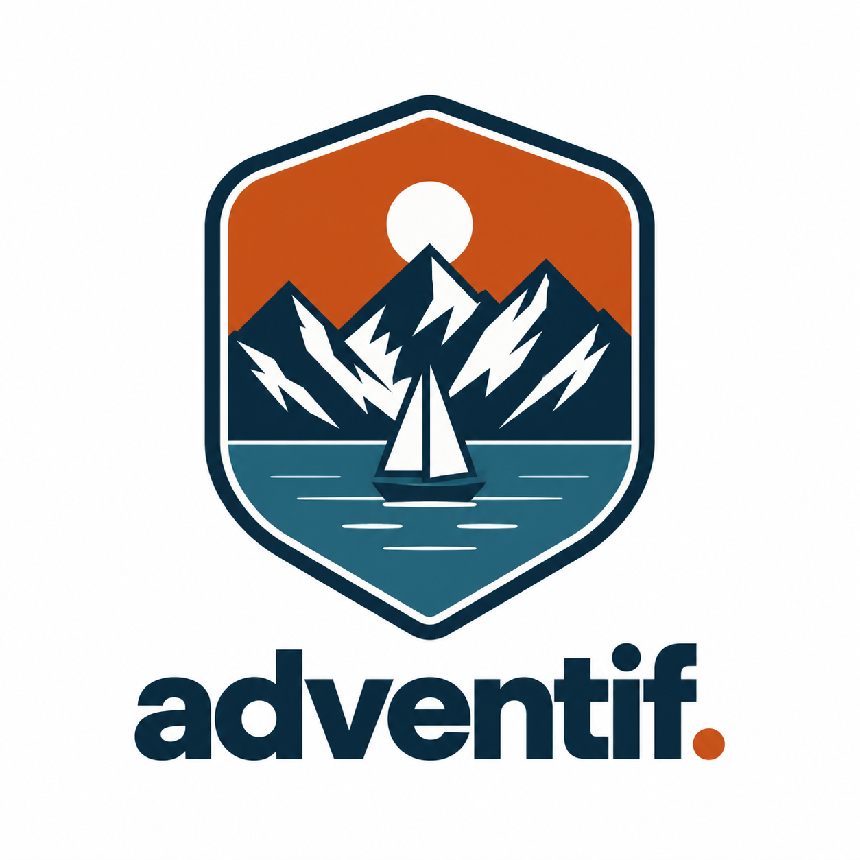 Adventif. A sailboat beneath snow-capped mountains and a sun, inside a navy and orange shield.